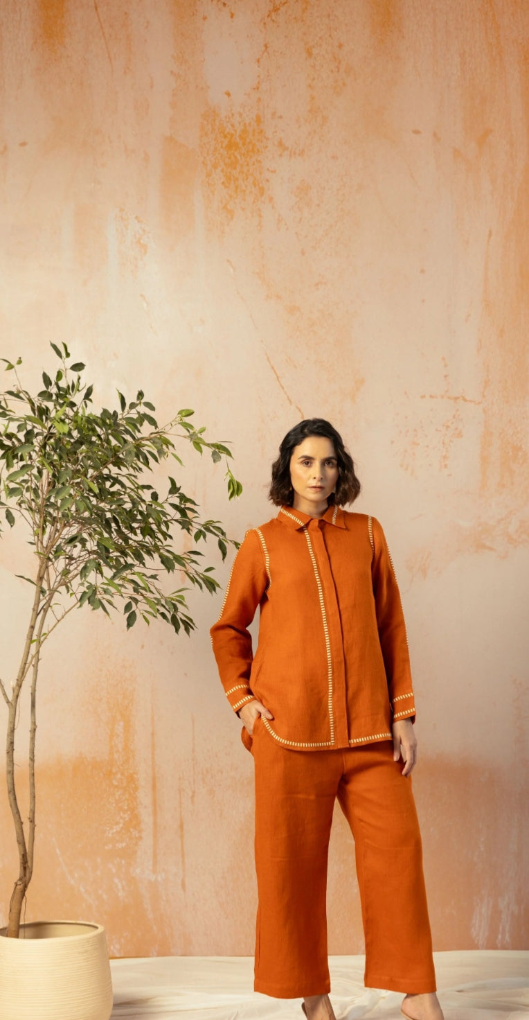 Rust Cotton Linen Co-Ord with Printed Trims