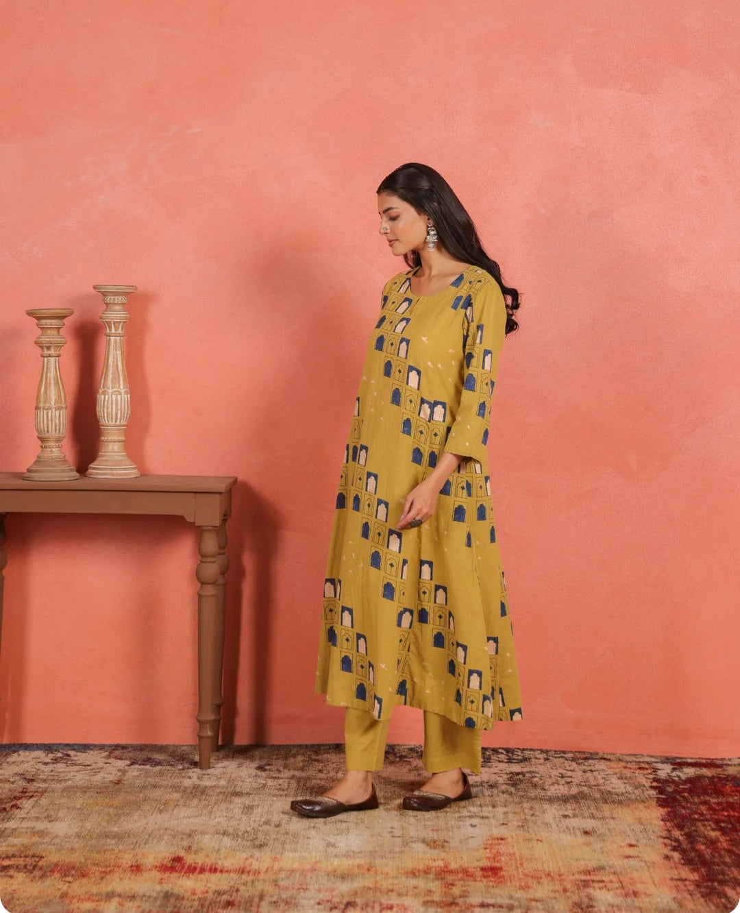 Asymmetric Cotton Printed Kurta Pant Set| Jharoka and Floral Print