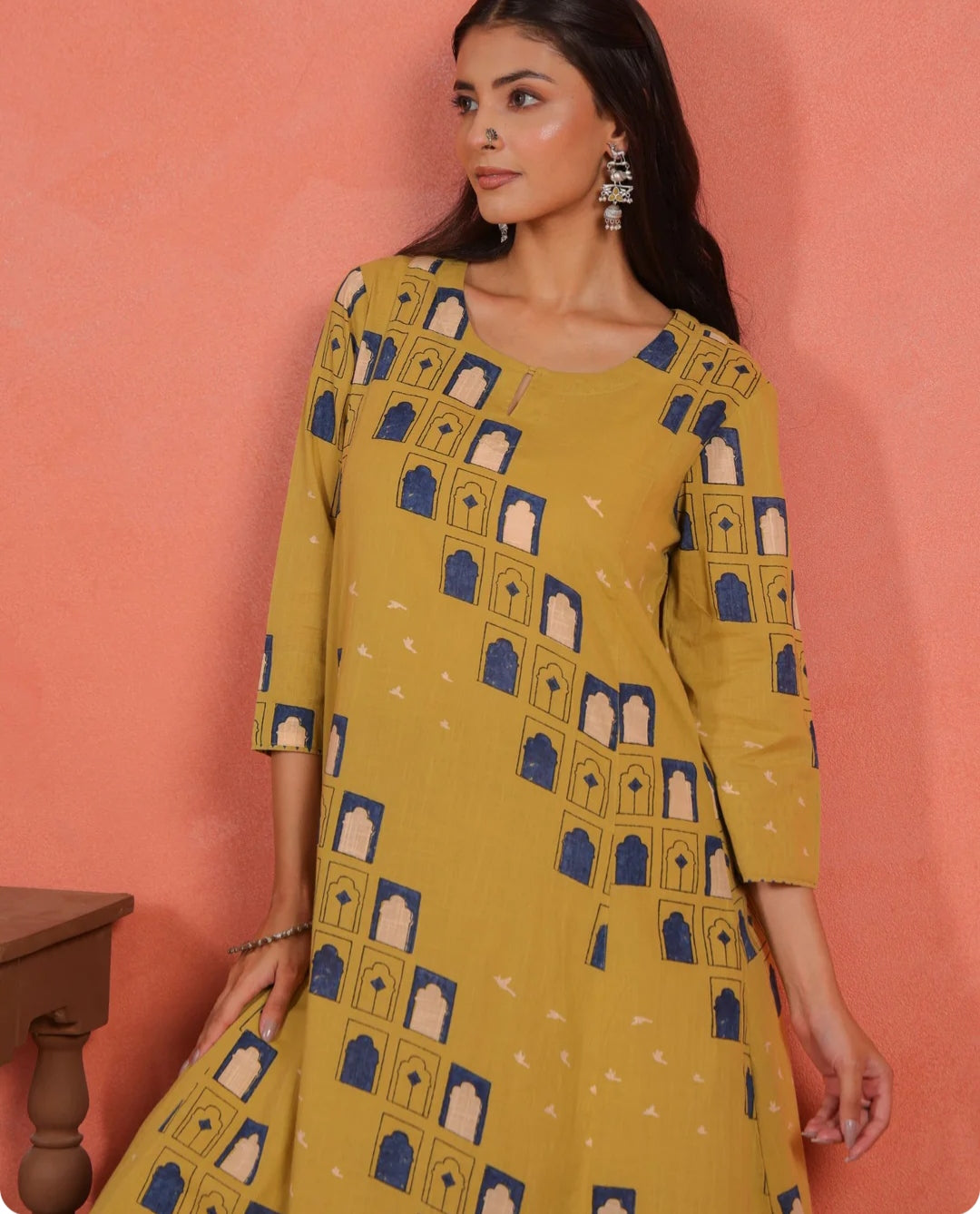 Asymmetric Cotton Printed Kurta Pant Set| Jharoka and Floral Print