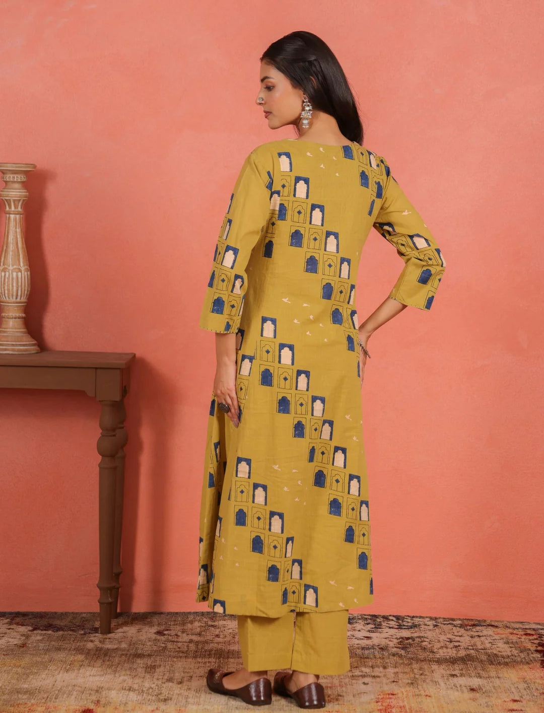 Asymmetric Cotton Printed Kurta Pant Set| Jharoka and Floral Print