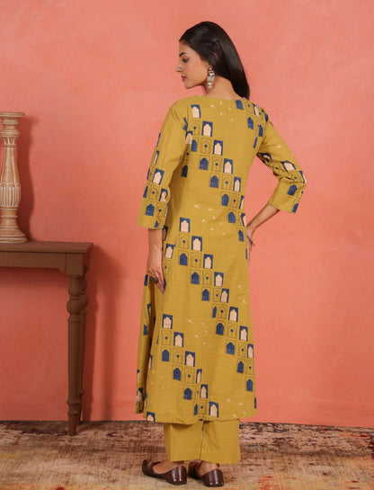 Asymmetric  Jharoka Cotton Printed Kurta Pant Set
