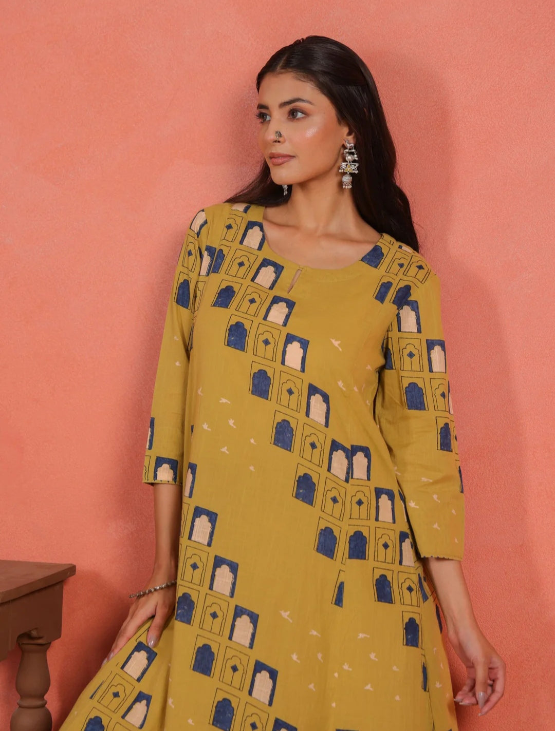 Asymmetric Cotton Printed Kurta Pant Set| Jharoka and Floral Print