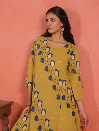 Asymmetric  Jharoka Cotton Printed Kurta Pant Set
