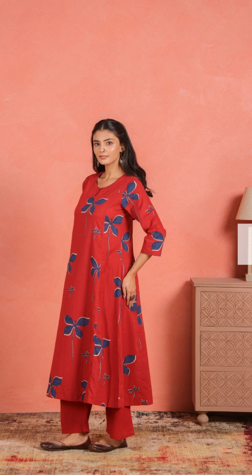 Asymmetric Cotton Printed Kurta Pant Set| Jharoka and Floral Print