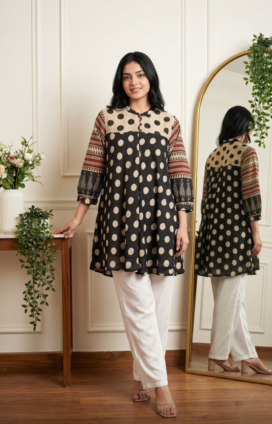 Black white Polka Dot Print Fusion A-Line Kurti