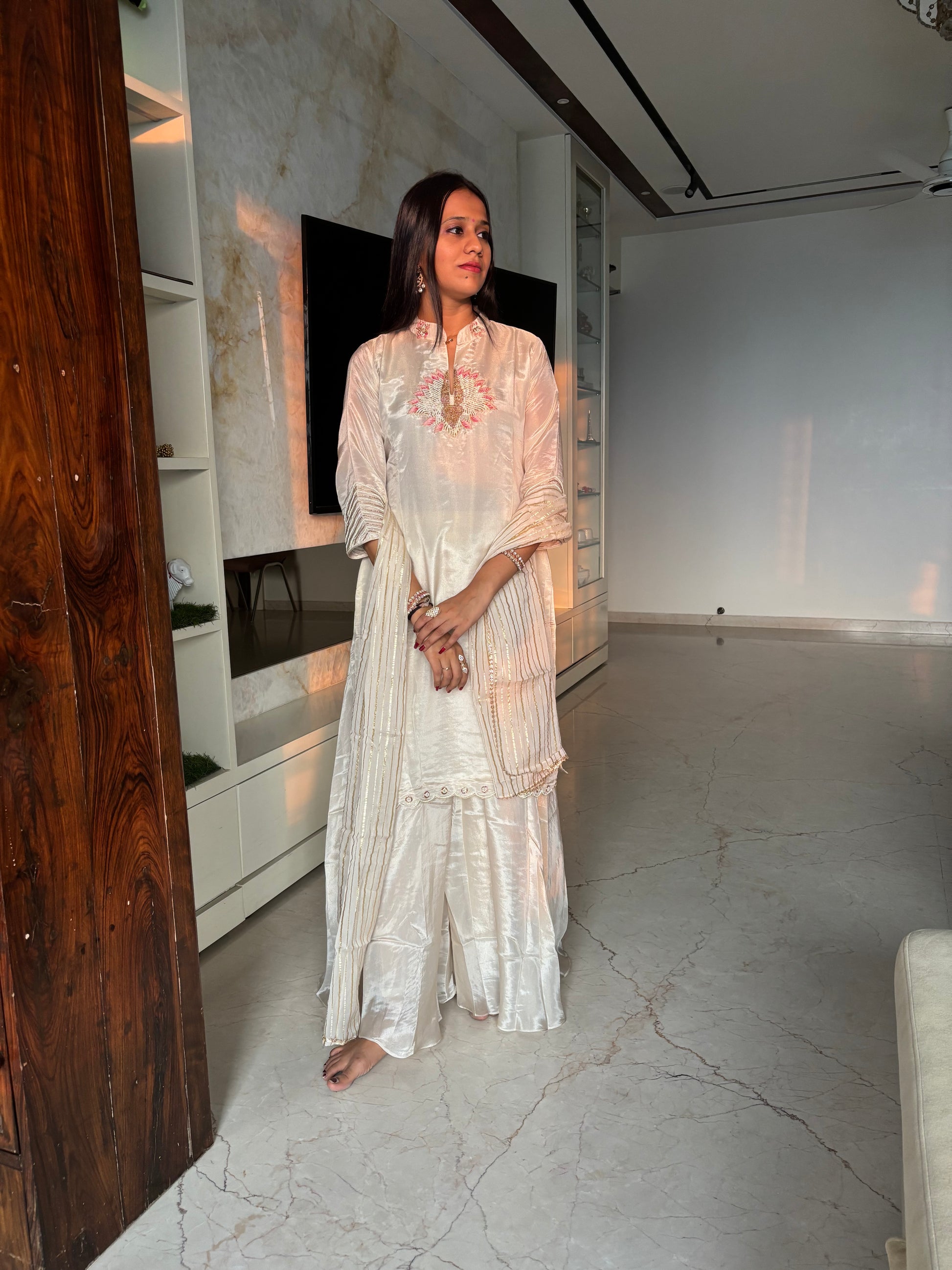 White gharara set - S - Suit Set Kurti Pant Dupatta Set