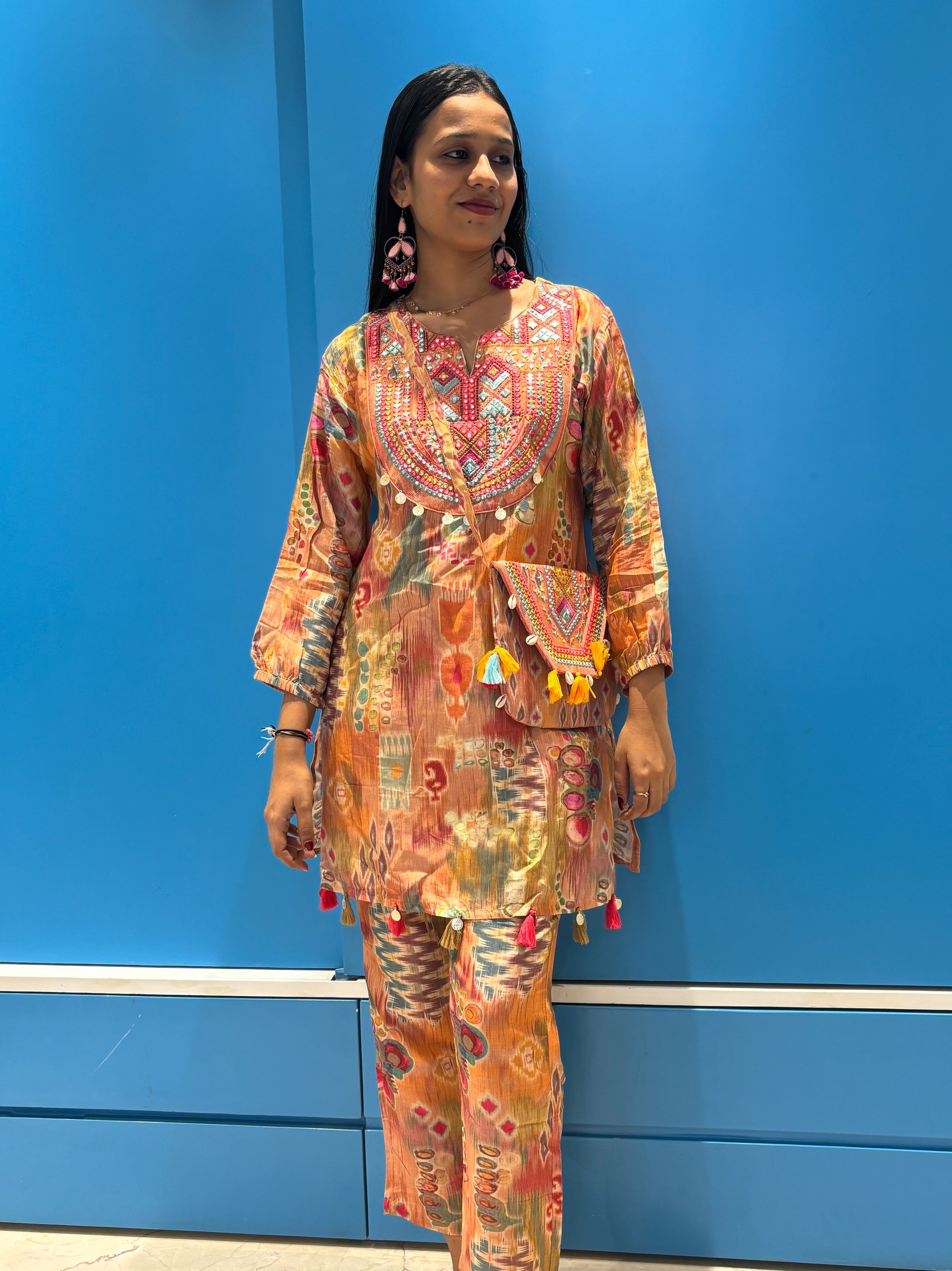 Indo-western Kurta Pant set Printed with Purse - Coord Set for Women