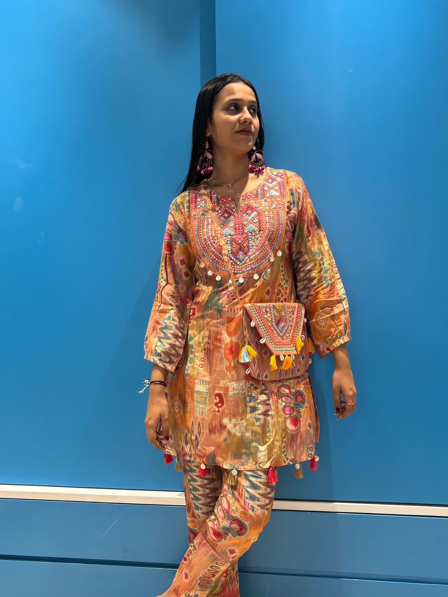 Indo-western Kurta Pant set Printed with Purse - Coord Set for Women
