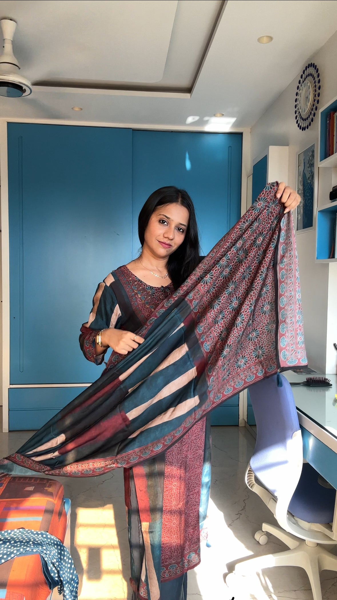 Ajrakh Blue Beige Stripe Kurta Pant Dupatta set