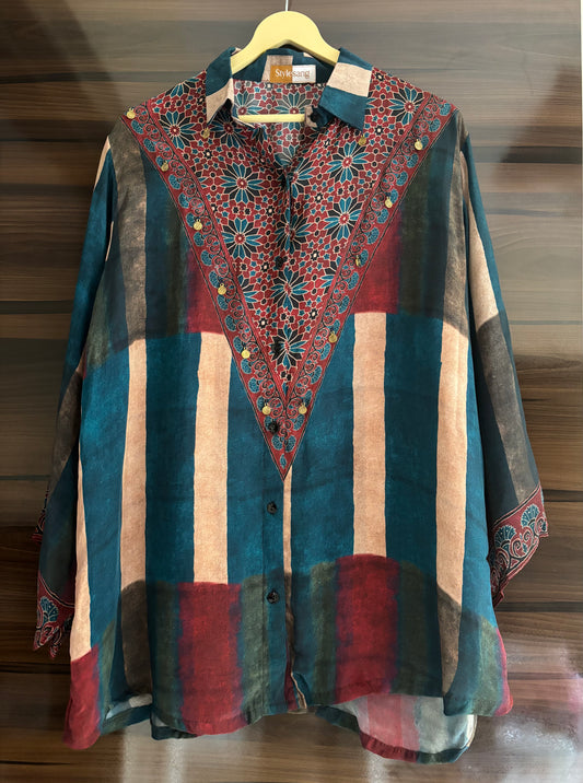 Blue and Beige Stripe Ajrakh printed Shirt