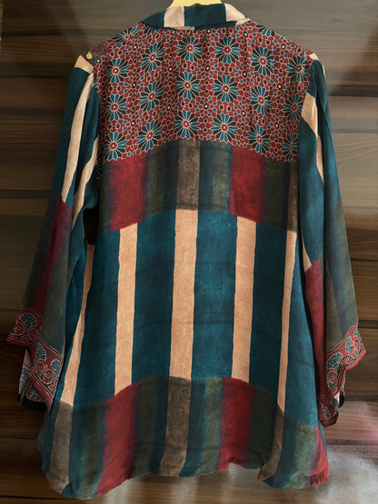 Blue and Beige Stripe Ajrakh printed Shirt