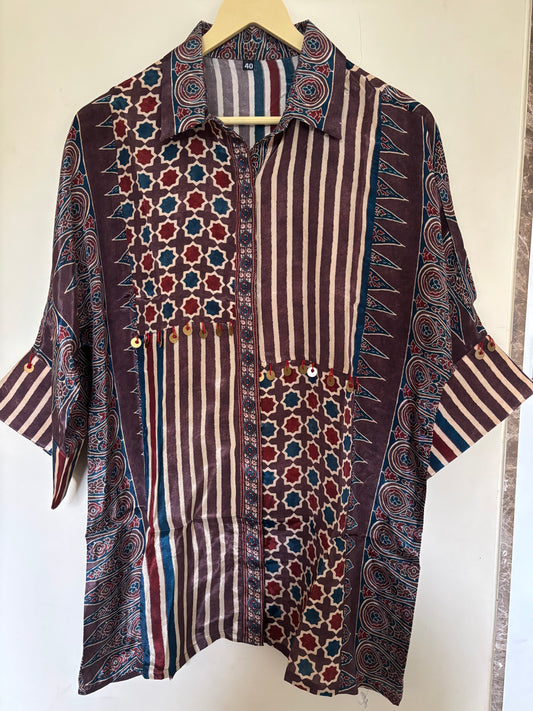 Brown stripe half and half Ajrakh Shirt