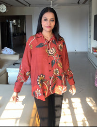 Red Kalamkari-Inspired Floral Muslin Shirt