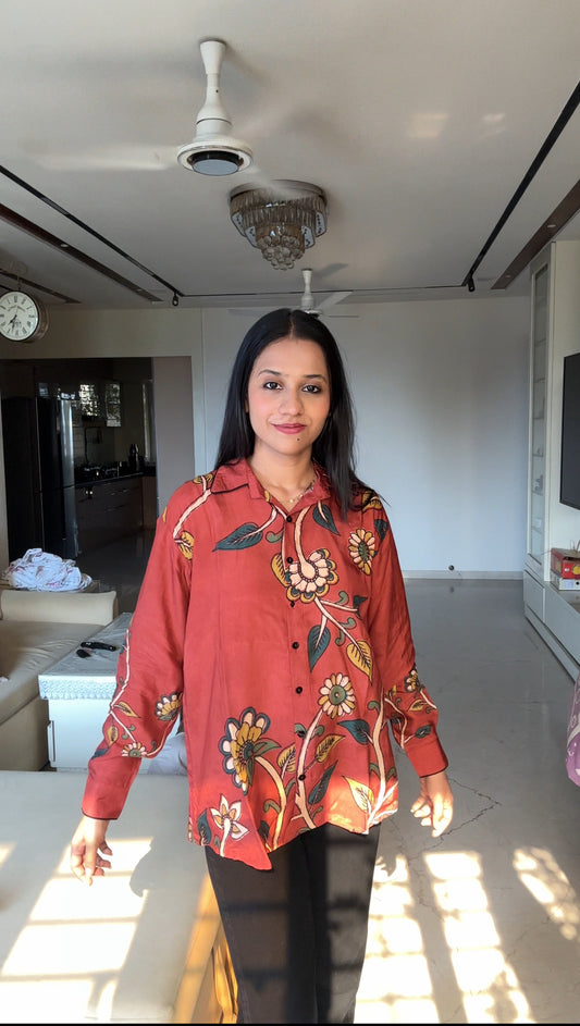 Red Kalamkari-Inspired Floral Muslin Shirt