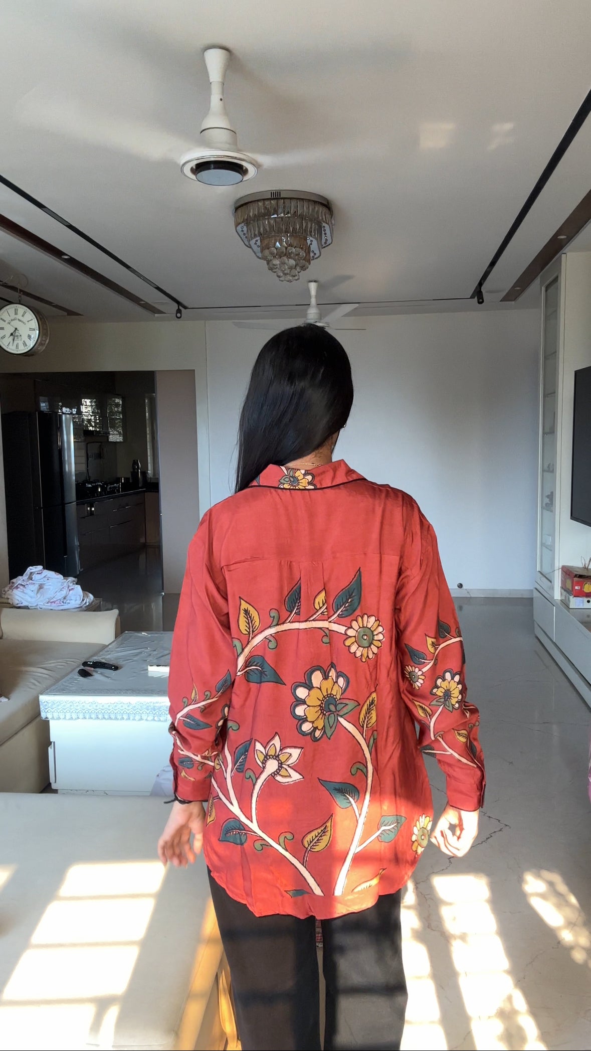 Red Kalamkari-Inspired Floral Muslin Shirt