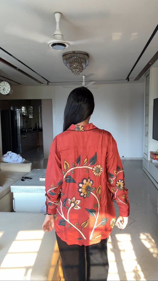 Red Kalamkari-Inspired Floral Muslin Shirt