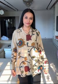 Beige Kalamkari-Inspired Floral Muslin Shirt