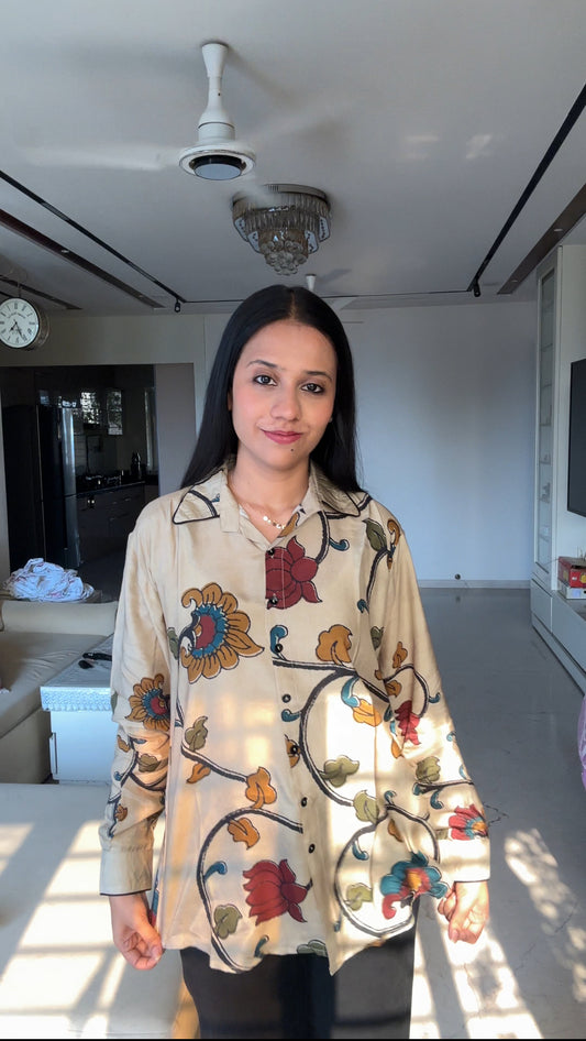 Beige Kalamkari-Inspired Floral Muslin Shirt