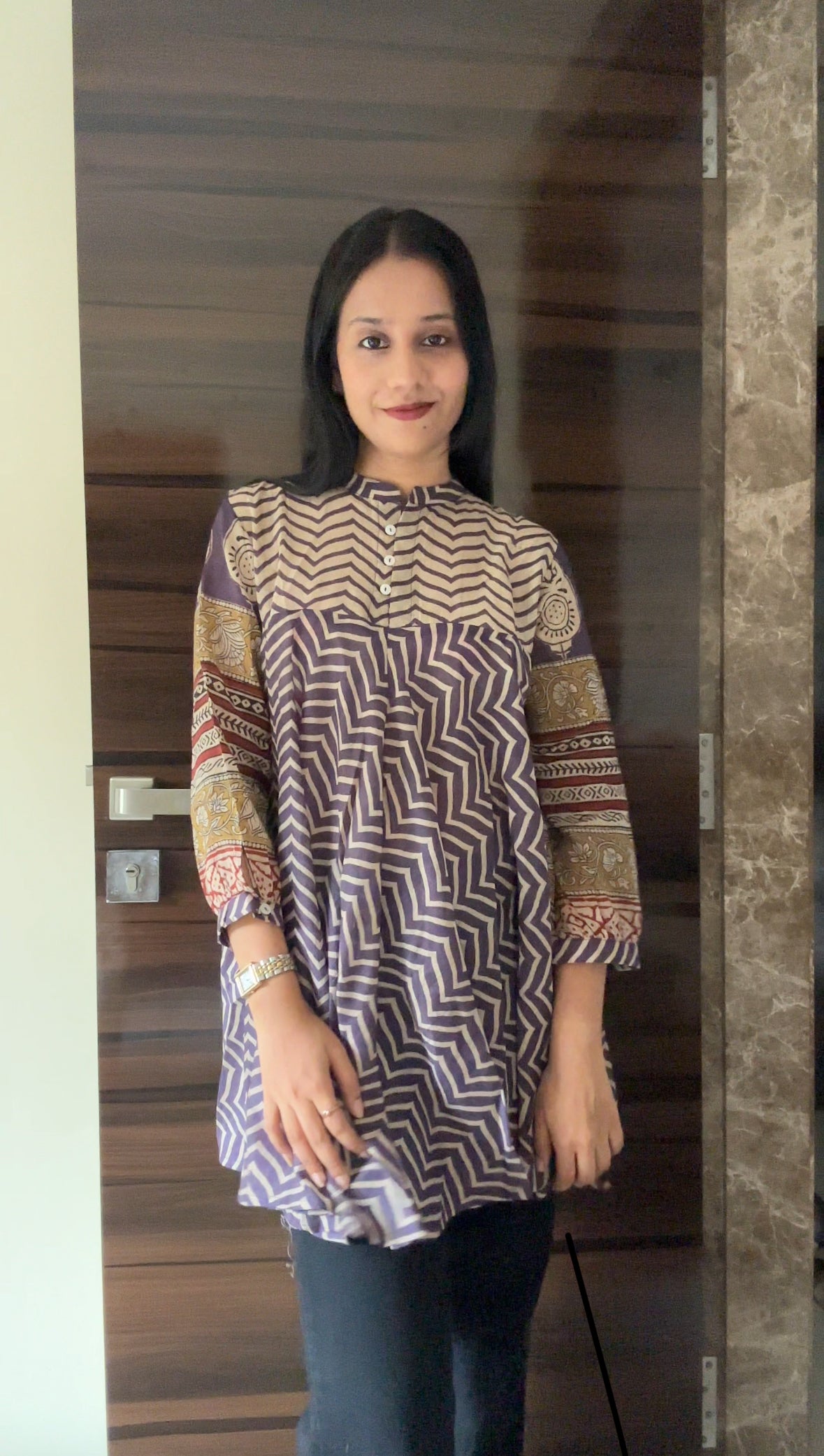 Purple Yellow Red Chevron Print Fusion A-Line Kurti