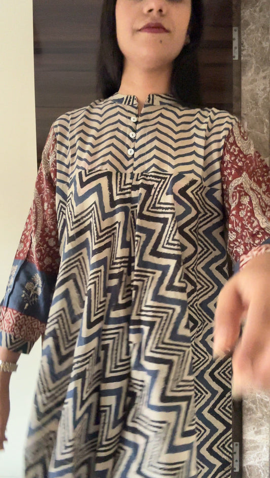 Red Blue Chevron Print Fusion A-Line Kurti for Women