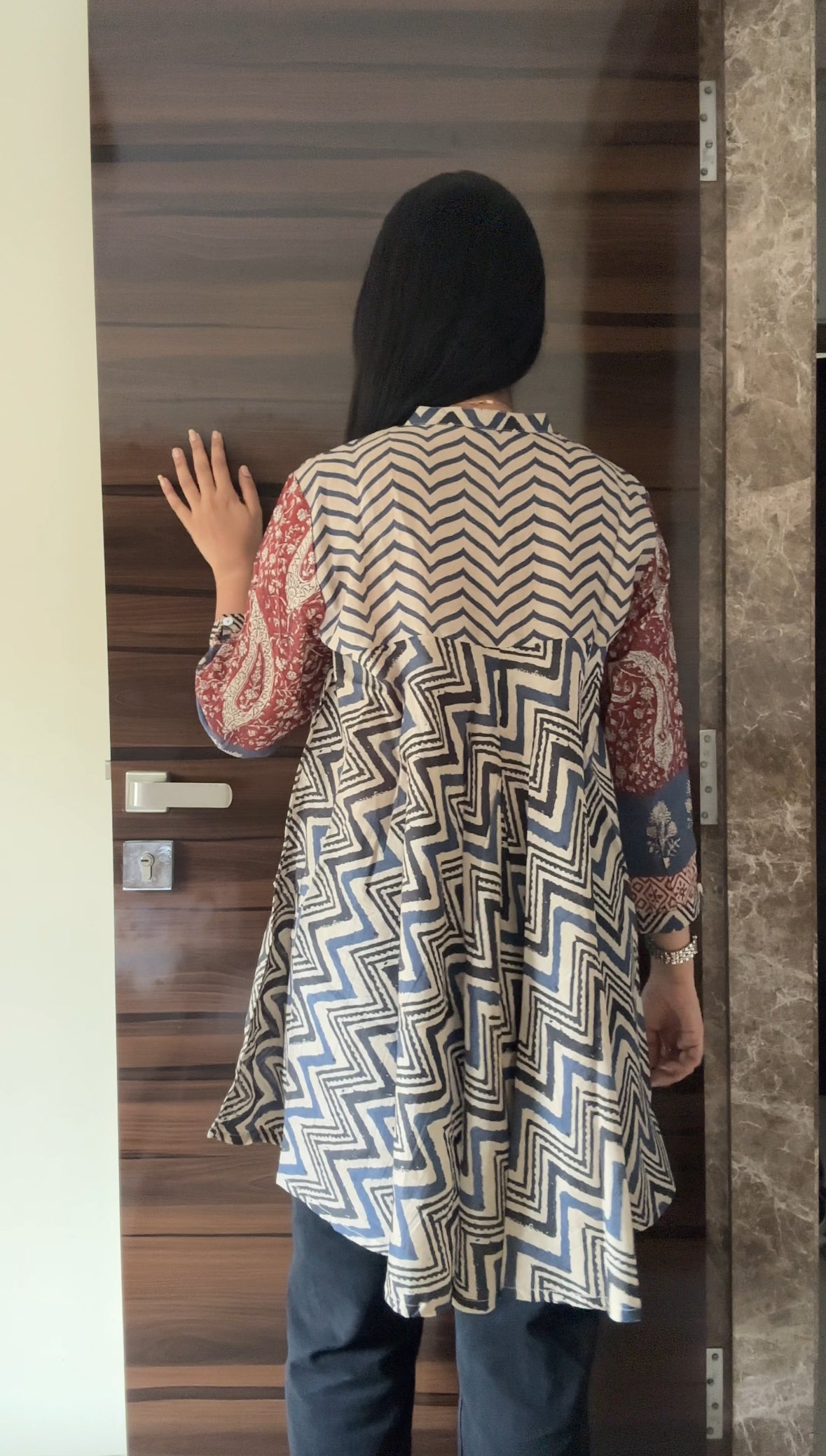 Red Blue Chevron Print Fusion A-Line Kurti for Women