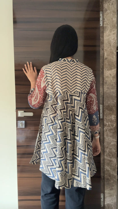 Red Blue Chevron Print Fusion A-Line Kurti for Women