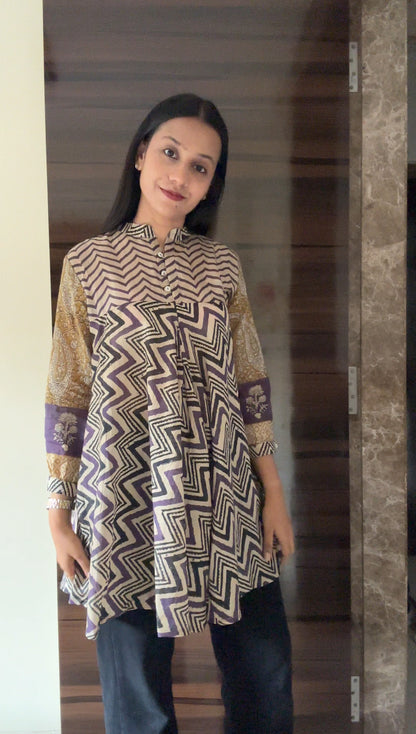Purple Yellow Chevron Print Fusion A-Line Kurti