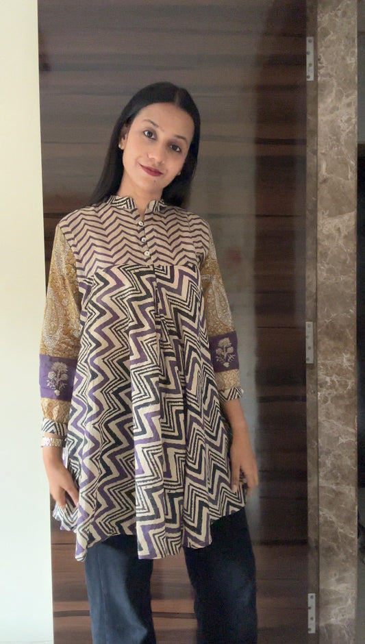 Purple Yellow Chevron Print Fusion A-Line Kurti