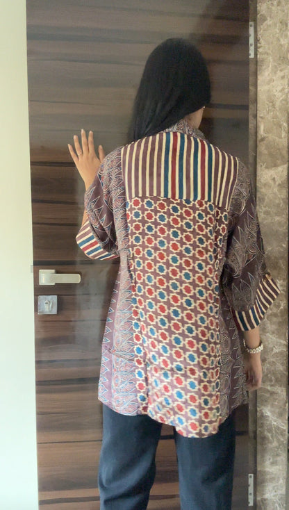 Brown stripe half and half Ajrakh Shirt