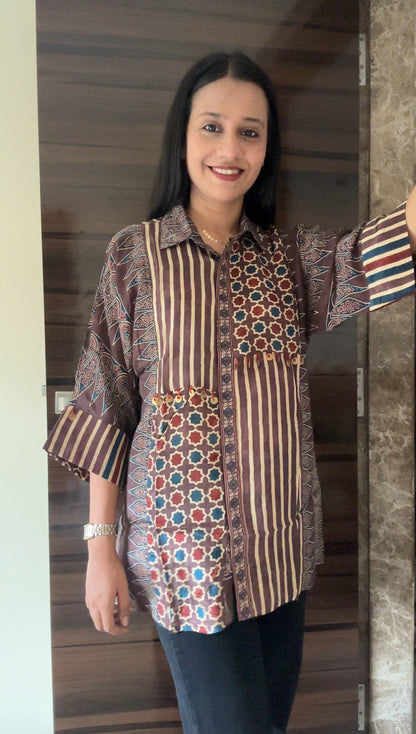 Brown stripe half and half Ajrakh Shirt