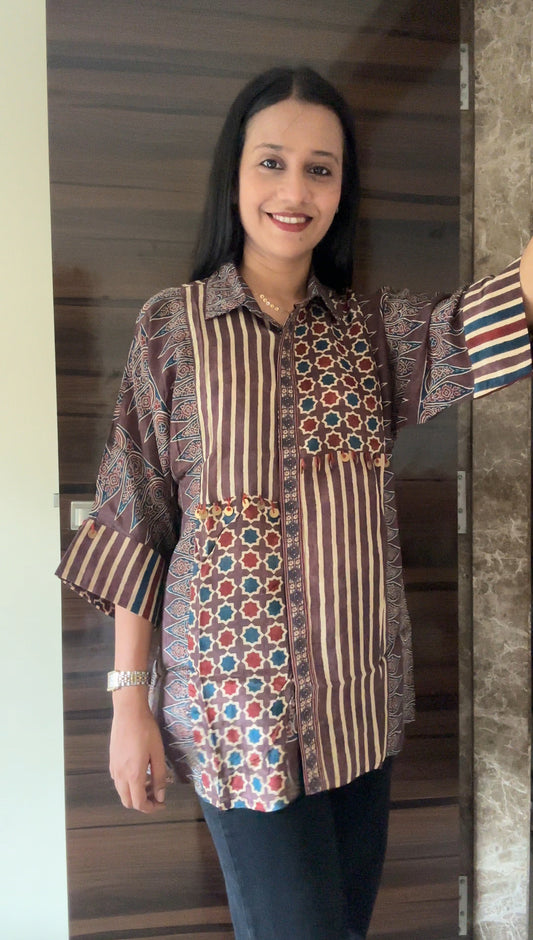 Brown stripe half and half Ajrakh Shirt