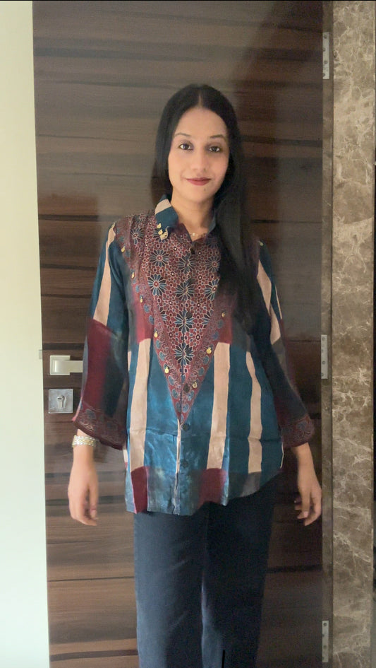 Blue and Beige Stripe Ajrakh printed Shirt