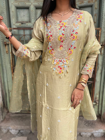 Pastel Green Salwar Suit set - Suit Set Kurti Pant Dupatta Set