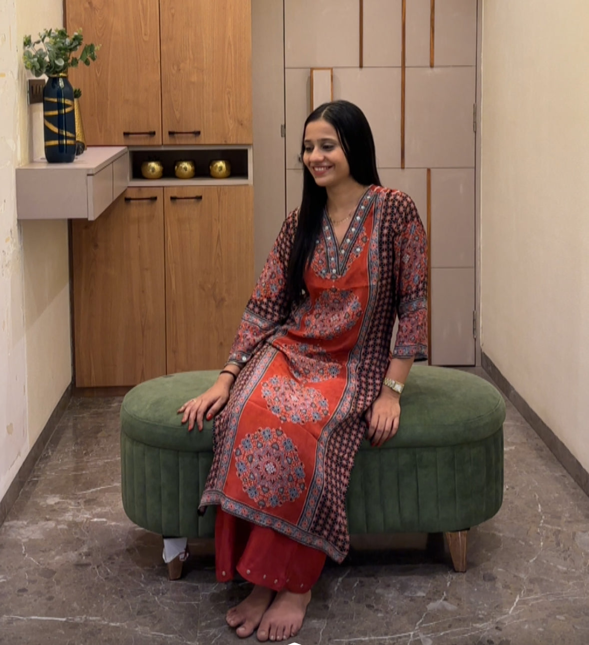 Red Ajrakh Print Kurta Pant set