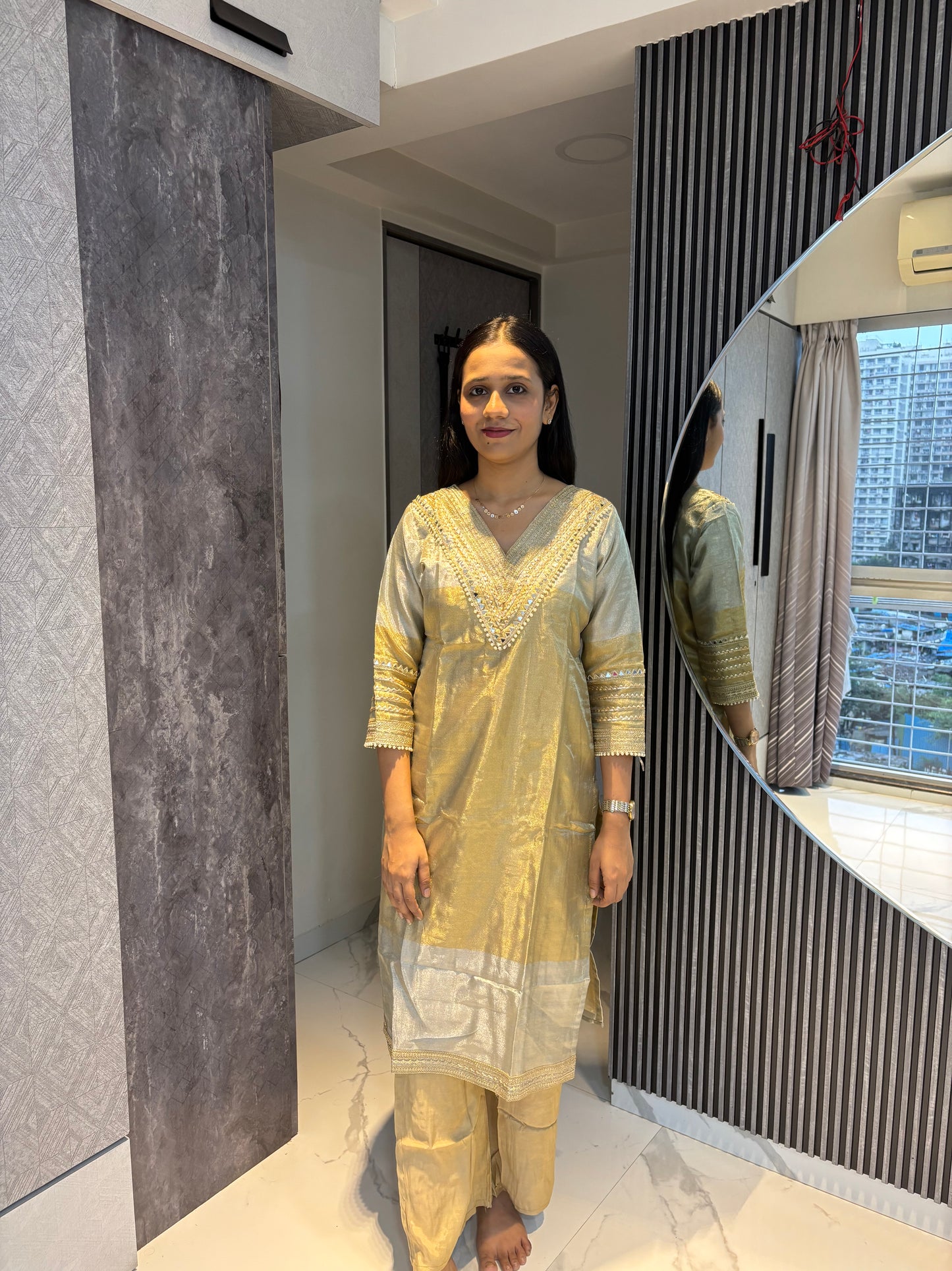 Golden Silver Tissue Fabric Kurta Pant Dupatta set