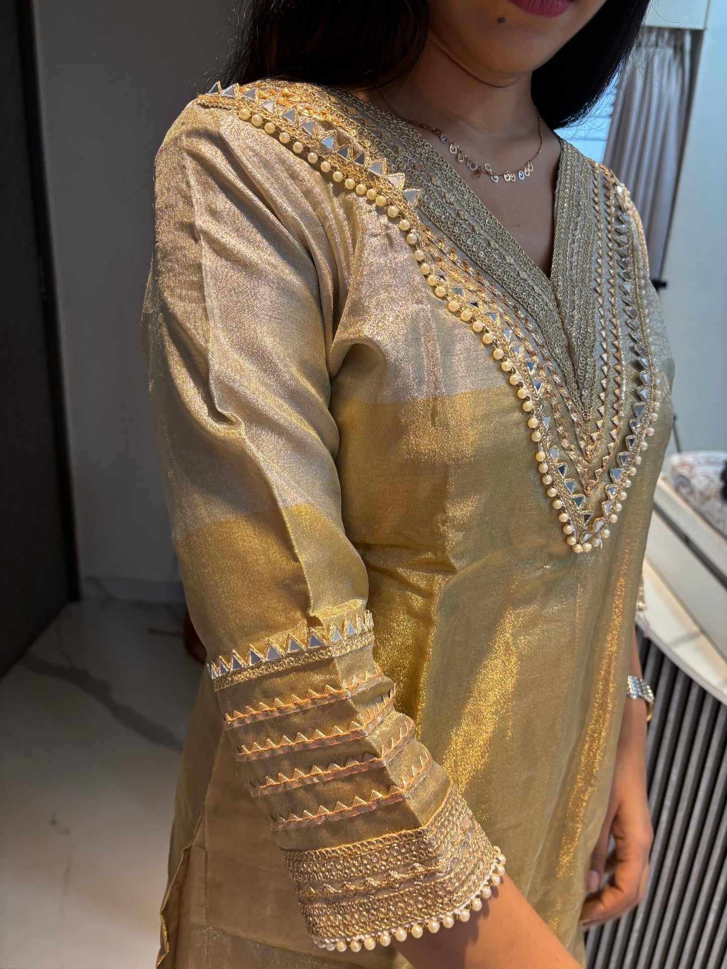 Golden Silver Tissue Fabric Kurta Pant Dupatta set