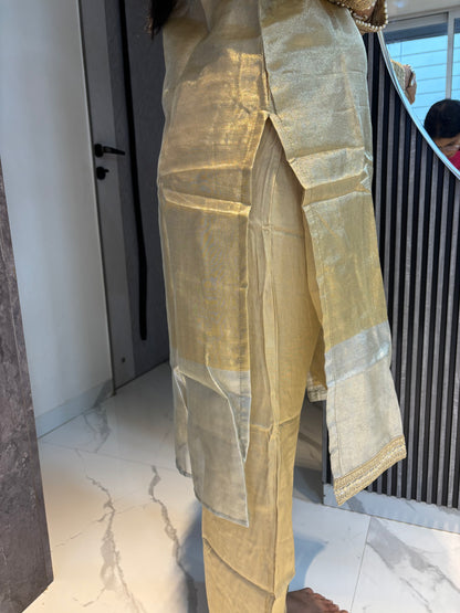 Golden Silver Tissue Fabric Kurta Pant Dupatta set