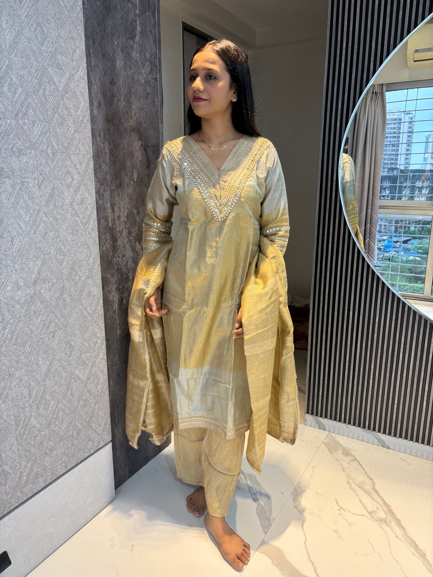 Golden Silver Tissue Fabric Kurta Pant Dupatta set