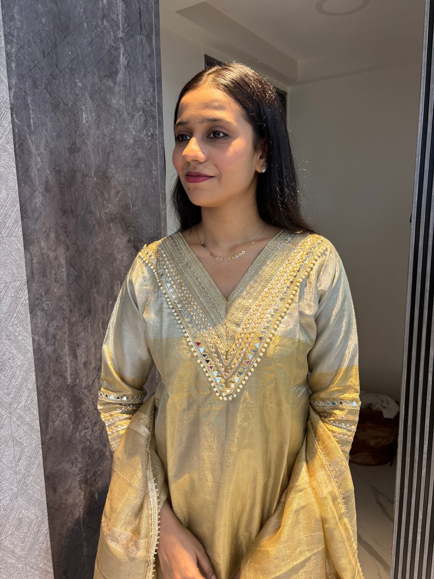 Golden Silver Tissue Fabric Kurta Pant Dupatta set