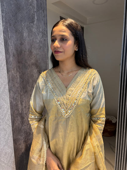 Golden Silver Tissue Fabric Kurta Pant Dupatta set