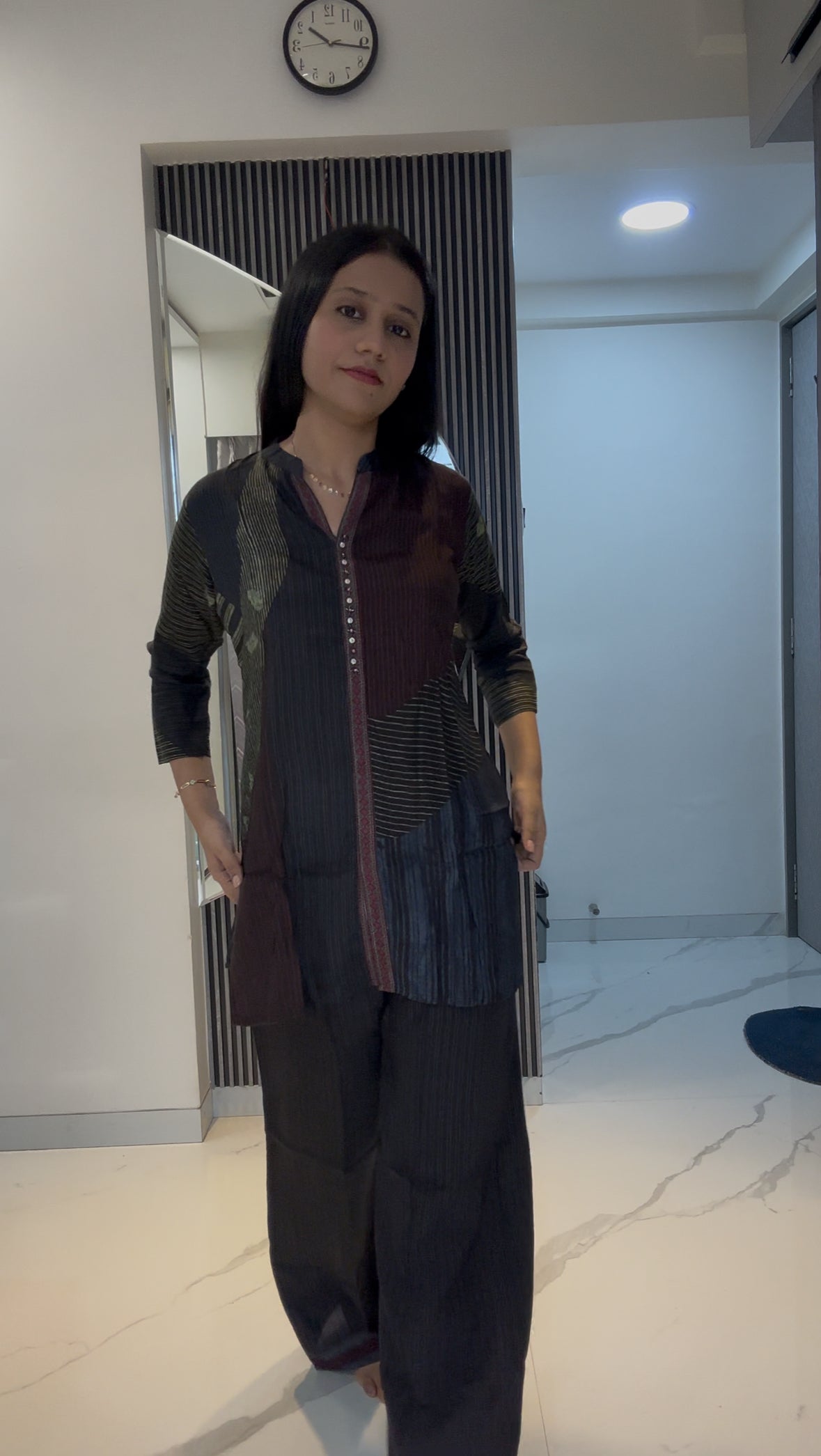Black Olive Striped Color-Block Print Muslin Co-Ord Set for Women | Straight Top with Palazzo Pants – Indo-Western