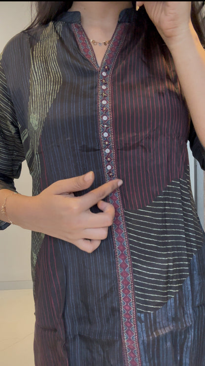 Black Olive Striped Color-Block Print Muslin Co-Ord Set for Women | Straight Top with Palazzo Pants – Indo-Western