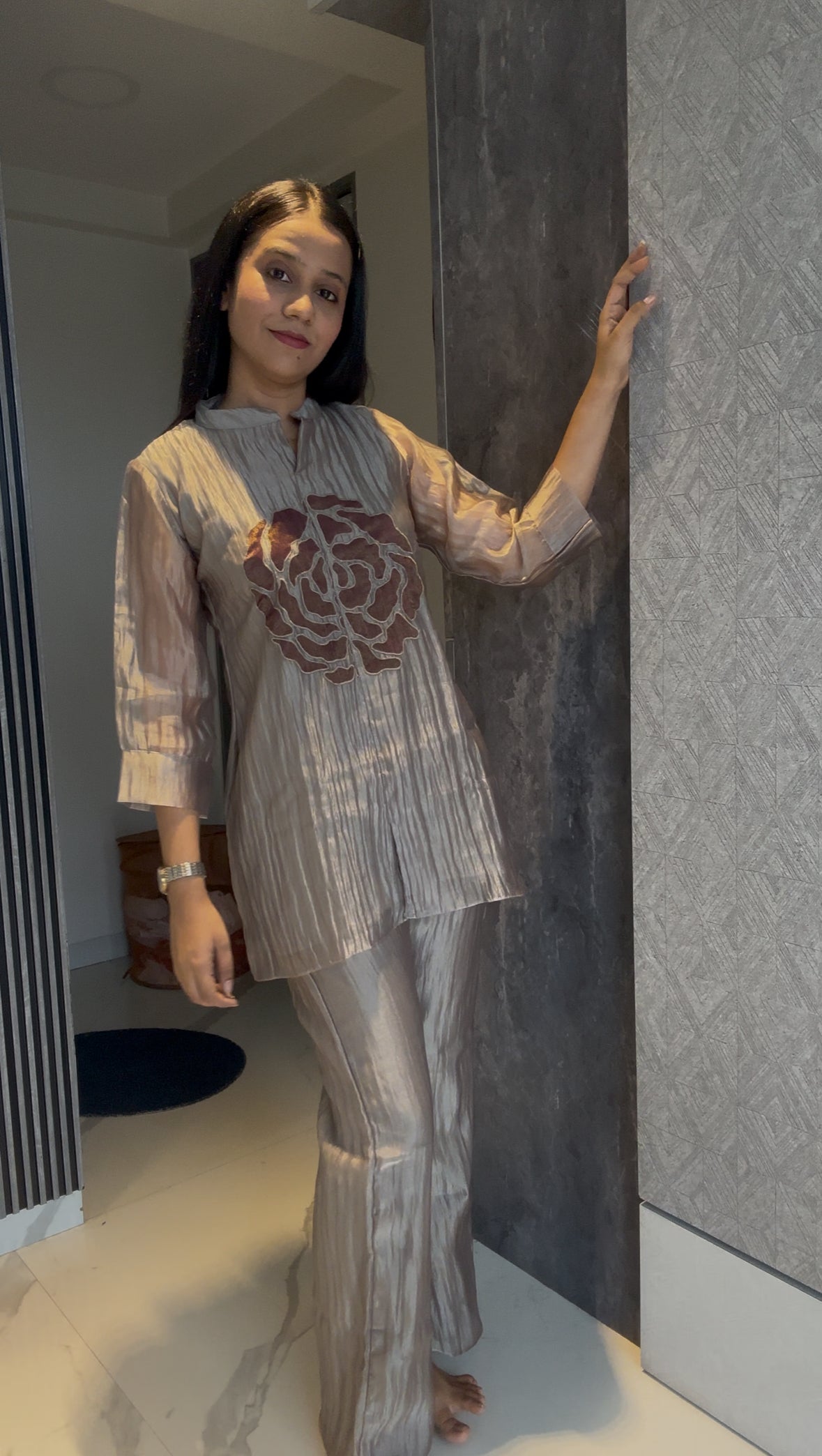 Grey Floral Patchwork Co-Ord set in Tissue Fabric