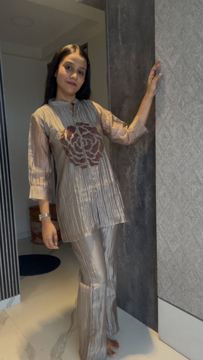 Grey Floral Patchwork Co-Ord set in Tissue Fabric