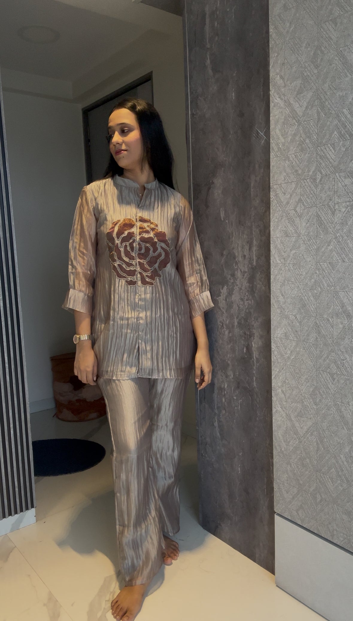 Grey Floral Patchwork Co-Ord set in Tissue Fabric