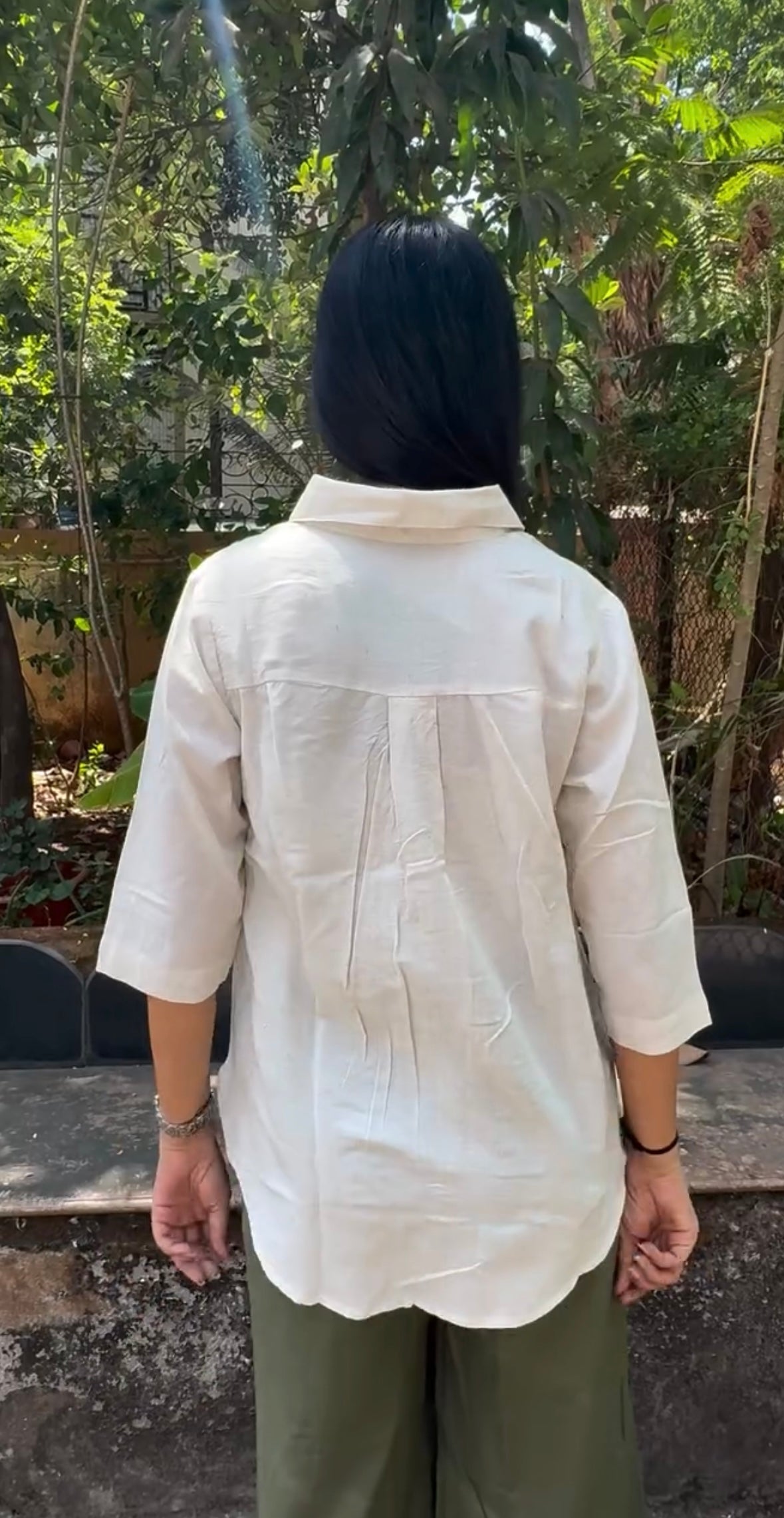 Natura Off White Shirt Co Ord Set with Green Wide Leg Pants