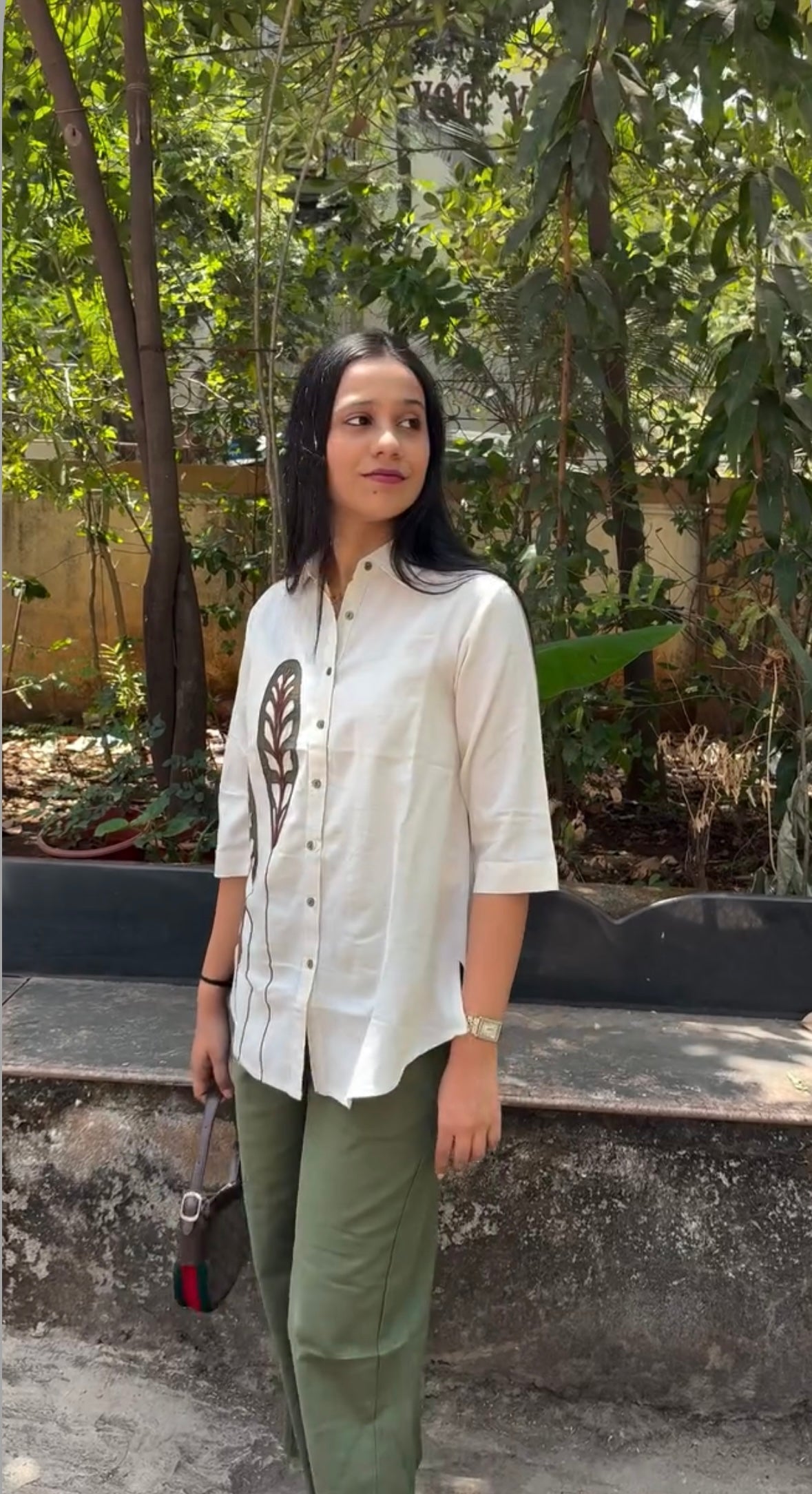Natura Off White Shirt Co Ord Set with Green Wide Leg Pants