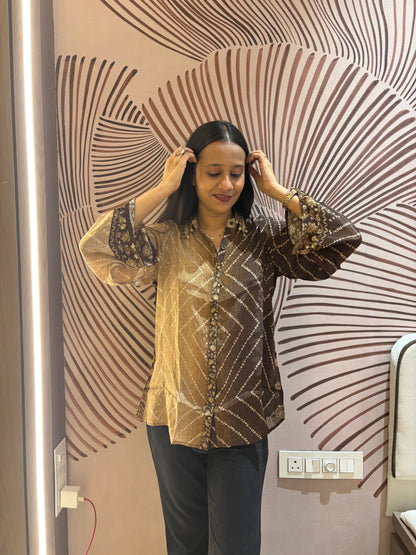 Brown Bandhani Kalamkari Printed Crepe Shirt