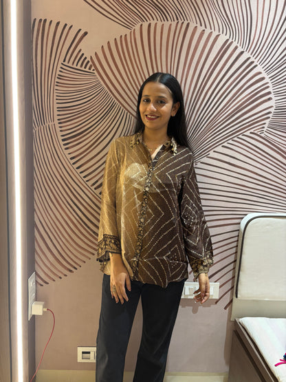 Brown Bandhani Kalamkari Printed Crepe Shirt