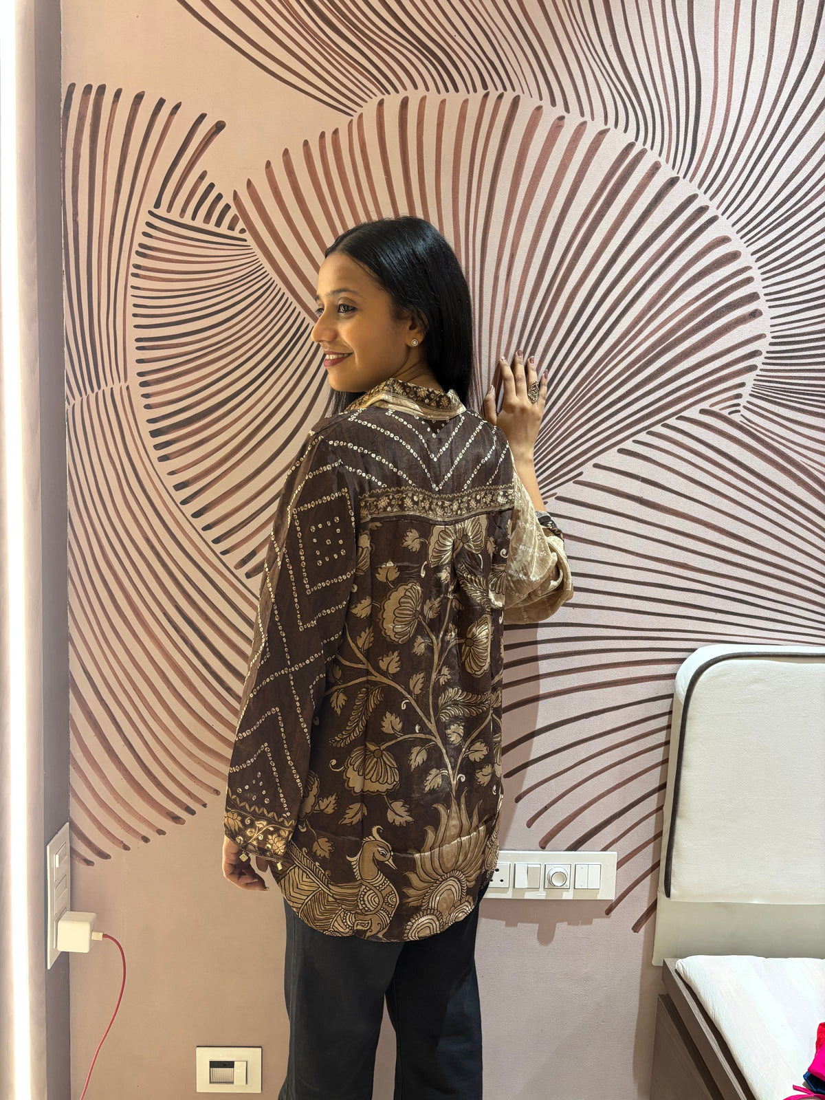 Brown Bandhani Kalamkari Printed Crepe Shirt